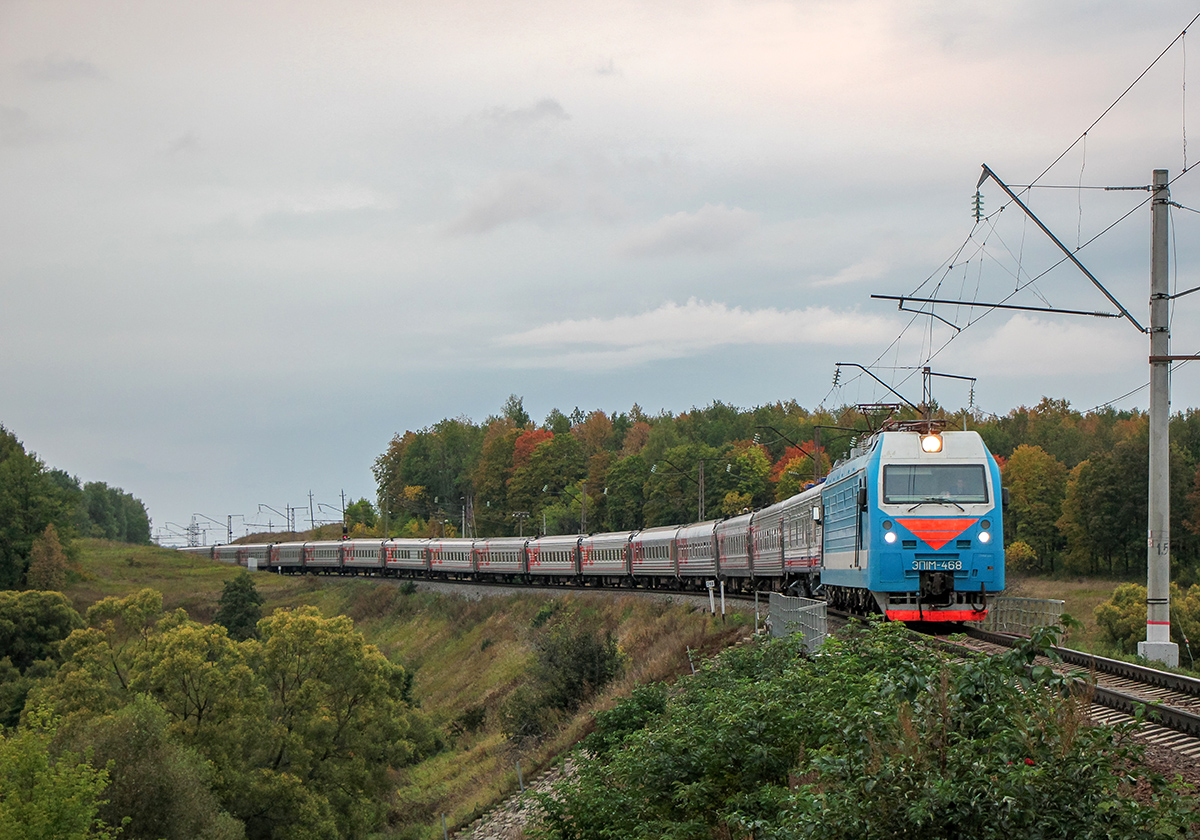 Электровоз ЭП1М-468 с поездом, перегон Мшанка - Павелец-I-Тульский