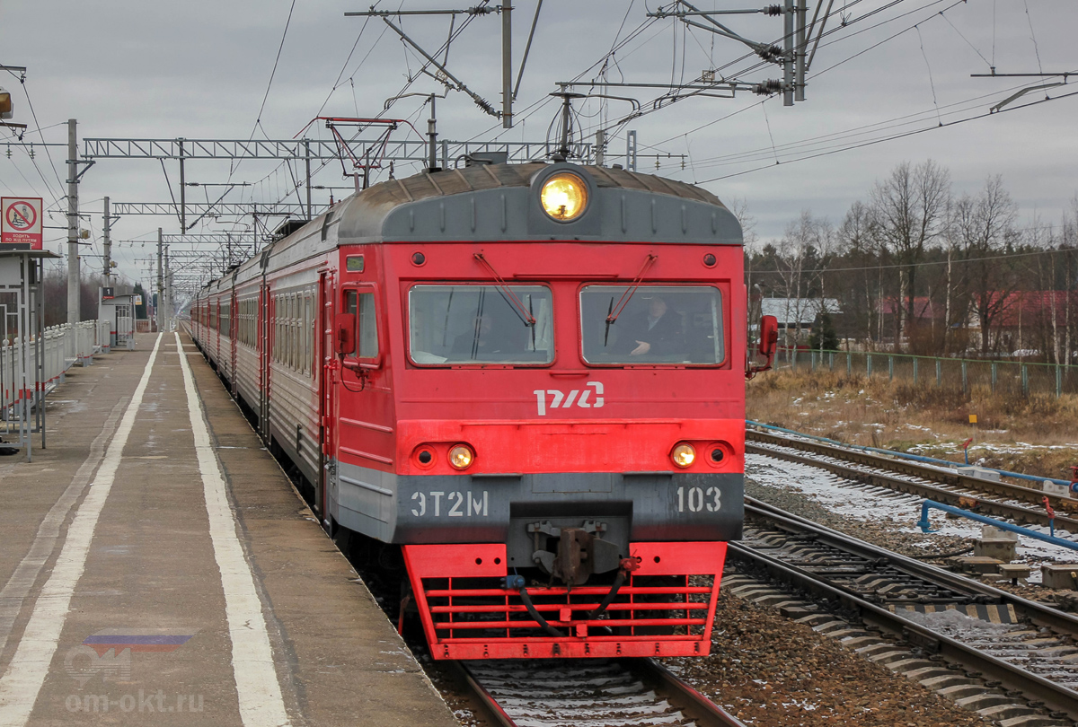 Электропоезд ЭТ2М-103 прибывает на станцию Рябово