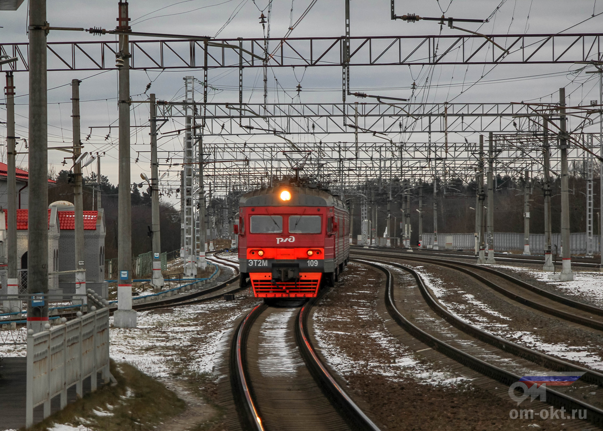 Электропоезд ЭТ2М-109 прибывает на станцию Любань