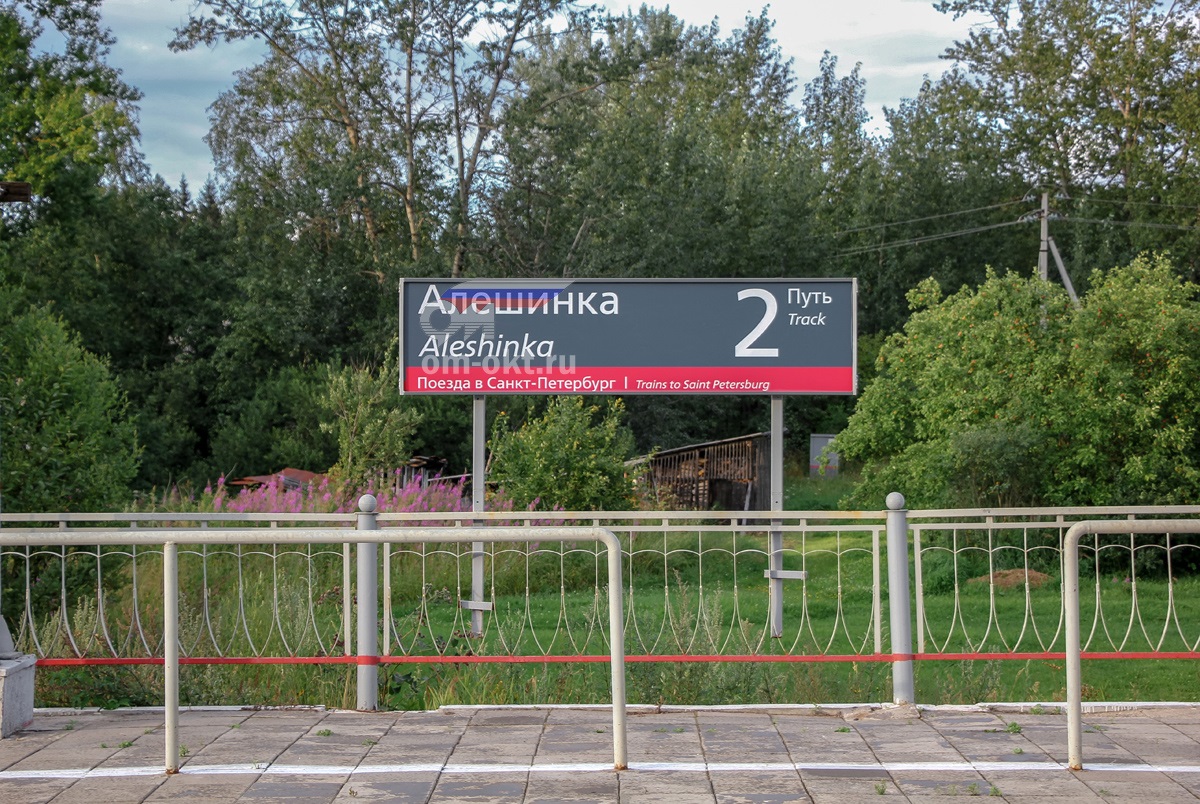 Табличка на пассажирской платформе станции Алёшинка